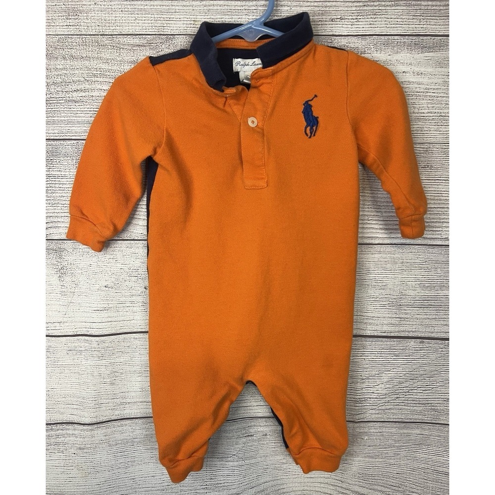 Ralph Lauren 2 Rompers Lot Yellow White Collared And Orange and Navy Long Sleeve - Picture 10 of 14